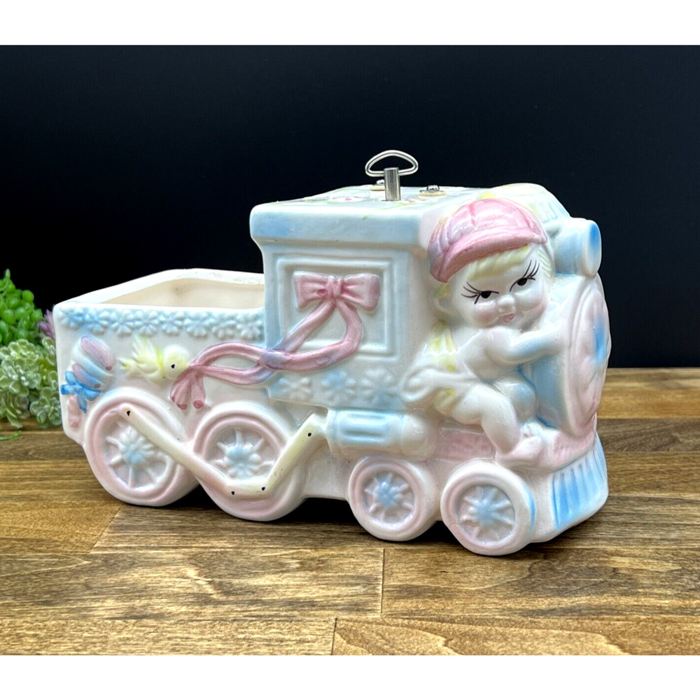 Vintage Rubens Japan Baby Boy Girl Nursery Train Planter Music Box 1950s Ceramic